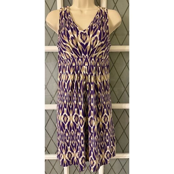 Ann Taylor LOFT Sun Dress Size XS Purple Tan White Ikat Print Sleeveless Womens - Picture 2 of 7